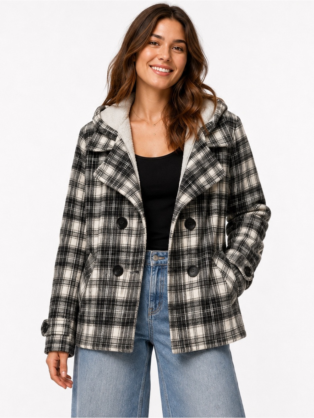 maurices Plaid Double Breasted Hooded Pea Coat Jacket Women's Size L